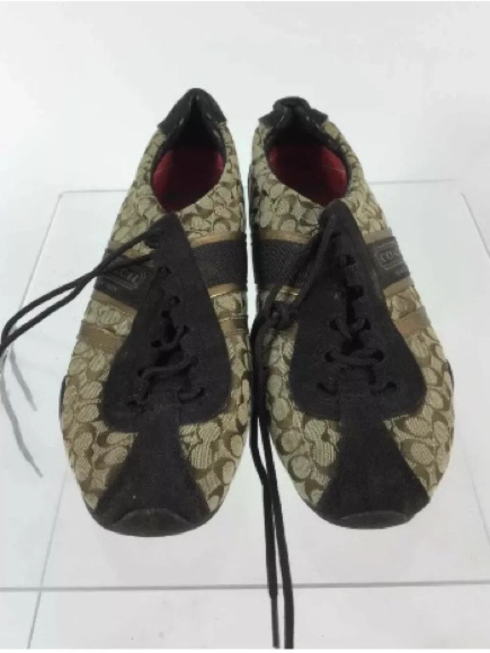 Coach Khaki Signature Monogram Lace-Up Sneaker with Black & Gold Accents